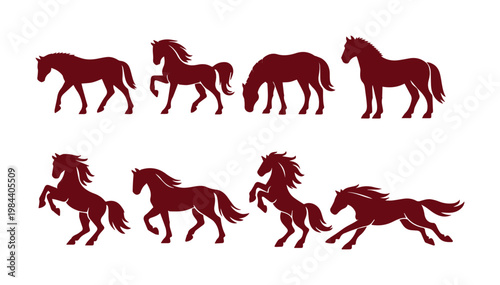 Dynamic horse silhouettes, a collection of eight majestic equine figures in various poses, ideal for equestrian branding and animal-themed designs. Rich maroon vector illustrations of powerful