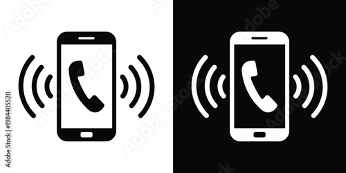 Minimalist incoming call or wireless communication icons showing a phone handset with signal waves. Perfect for contact us and hotline interface designs.