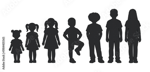 Children Growth Stages Vector Silhouettes. Kids Development Process, Child Age Progression, and Human Life Cycle. Black Silhouettes of Boys and Girls from Toddler to Teenager.