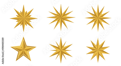 Collection of six various golden star shapes including classic five-pointed and multi-pointed designs for decorative use and awards.