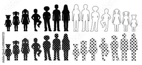 Children and Teenagers Silhouettes Vector Set, diverse age groups from toddlers to young adults, black and white graphic elements for educational or demographic design