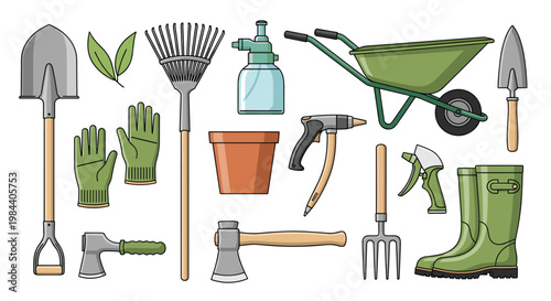 Comprehensive collection of gardening tools including shovel, rake, wheelbarrow, watering spray, and gloves on a clean white background.