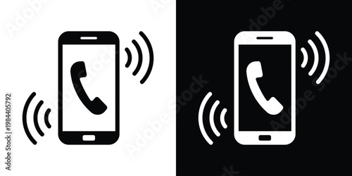 Minimalist incoming call or wireless communication icons showing a phone handset with signal waves. Perfect for contact us and hotline interface designs.