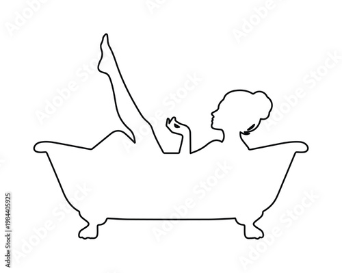 Elegant woman bathing in a classic clawfoot bathtub, minimalist black and white line art vector illustration, perfect for spa, beauty, and relaxation concepts.