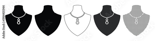 Necklace display stand vector icons. Jewelry mannequin bust for elegant necklace presentation, black and white outline and solid silhouette set. Retail store accessory