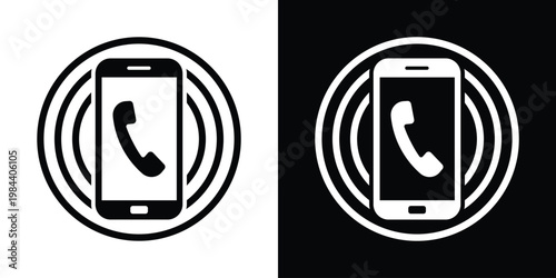 Minimalist incoming call or wireless communication icons showing a phone handset with signal waves. Perfect for contact us and hotline interface designs.