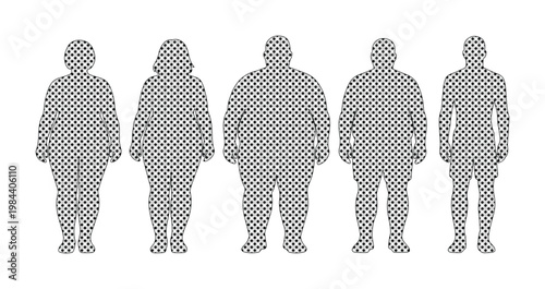 Body mass index vector set, diverse human silhouettes illustrating BMI categories, health and wellness infographic elements, medical and fitness data visualization.