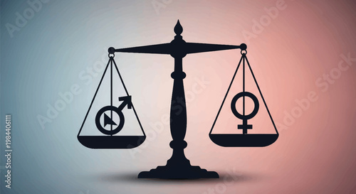 Gender equality concept. silhouette of a balance scale with a male symbol on one side and a female symbol on the other, both in perfect balance. Soft, split-color blue and pink gradient background.