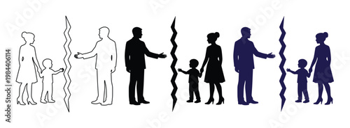 Family separation vector illustration, parents and child divided by a jagged line, symbolizing divorce and custody issues. Emotional family crisis concept