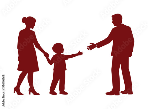 Family separation vector illustration, child reaching for father, mother holding child's hand, divorce and custody concept, red silhouette graphic for legal and social issues.
