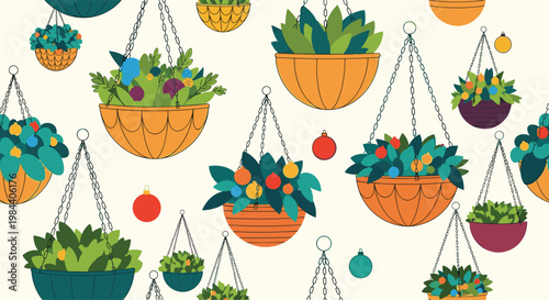 Seamless pattern of various indoor plants in hanging baskets decorated with festive Christmas ornaments for a holiday background design.