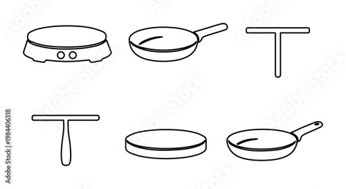 Crepe maker and frying pan vector icon set, essential kitchenware and cooking utensils, breakfast and dessert preparation tools, culinary equipment collection for food blogs and recipes.