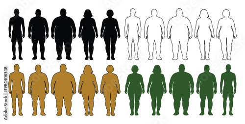 Human body type vector collection, diverse male and female silhouettes illustrating various body mass index categories, a comprehensive health and fitness graphic resource.
