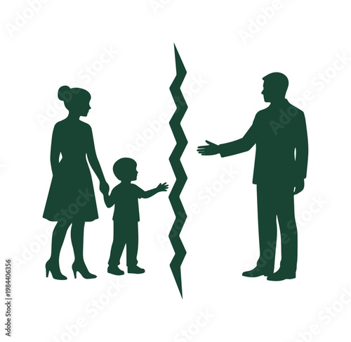 Family separation vector illustration, a poignant symbol of divorce and broken relationships. Child caught between parents, a visual metaphor for legal disputes and custody battles. Dark green