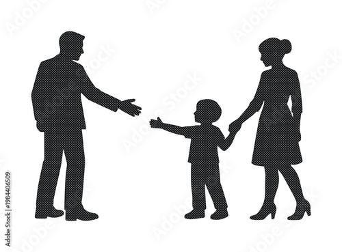 Family silhouette vector illustration, parents and child together, black graphic design element, modern family concept, parental care and childhood bond
