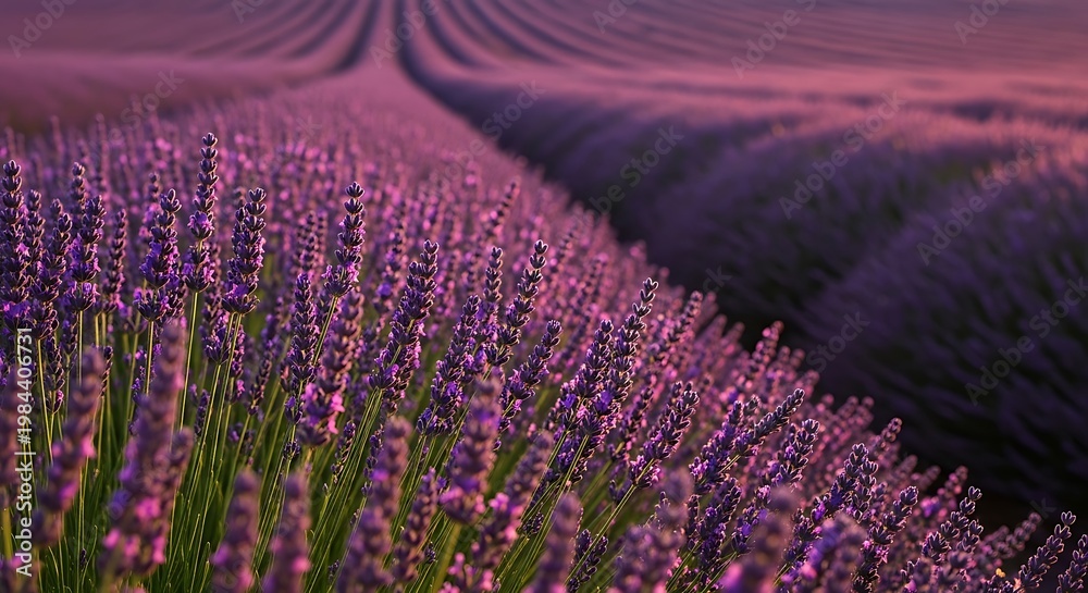 Naklejka premium Vast lavender field in Provence France at sunset with rows of purple flowers stretching to the horizon under a soft twilight sky