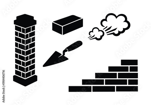 Bricklaying and Masonry Vector Icon Set, black and white construction elements, chimney, brick wall, trowel, and smoke, building industry graphics for architectural design and home improvement