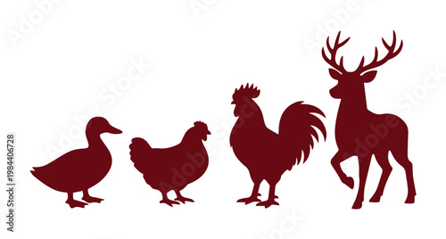 Farm animal and wildlife silhouettes, a collection of domestic fowl and wild deer, rustic maroon vector icons for agricultural branding and nature-themed designs