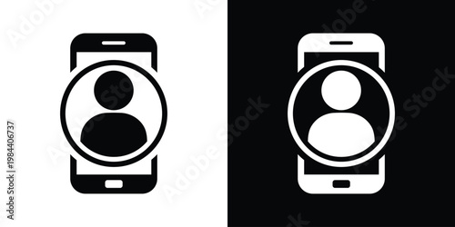 Minimalist incoming call or wireless communication icons showing a phone handset with profile icon. Perfect for contact us and hotline interface designs.