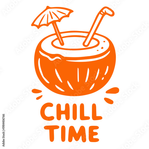 Summer chill time doodle illustration with coconut drink umbrella and straw

