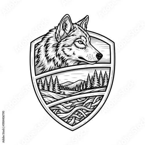 Wolf head in shield emblem design.