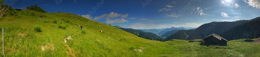 Fototapeta premium Beautiful mountain landscape panorama with green meadows and rustic hut under blue sky
