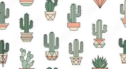 Trendy seamless pattern of various cacti and succulents in modern decorative pots on a white background for home decor and wallpaper.