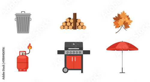 Collection of Outdoor Items Including Trash Bin Firewood Leaf and Grill