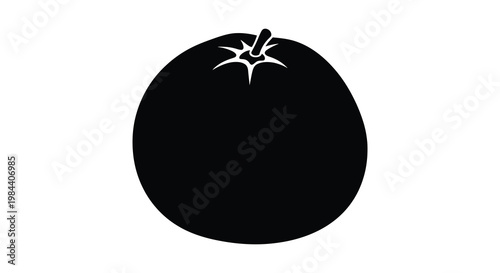 Simple black silhouette of a tomato with a stem and calyx silhouette