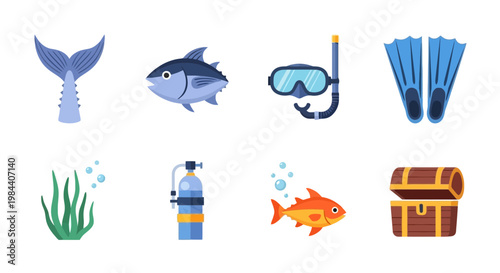 Underwater Marine Life Collection with Fish, Coral, and Diving Equipment