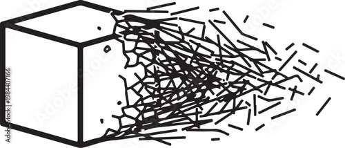 Minimalist Cube Shattering into Particles Line Art Illustration