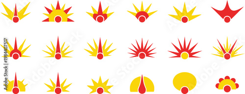 Abstract Geometric Sunburst and Rays Icons in Yellow and Red Keywords: sun, sunburst, rays, light, energy, abstract, geometric, shape, symbol