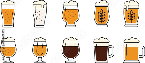 Assortment of Beer Glasses with Foam and Bubbles Vector Icons Keywords: beer, glass, mug, ale, lager, stout, drink, beverage, alcohol, foam, froth