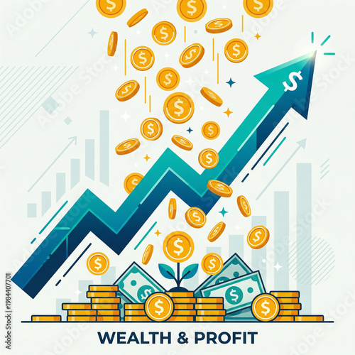 Upward Arrow with Flowing Coins Symbolizing Wealth Growth | Financial Success and Profit Increase Infographic | Business Prosperity Visualization
