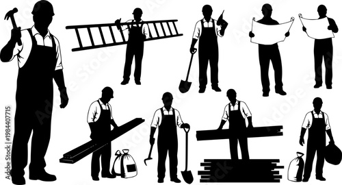 Collection of professional construction worker silhouettes holding various tools, carrying materials, and reviewing, isolated on white background
