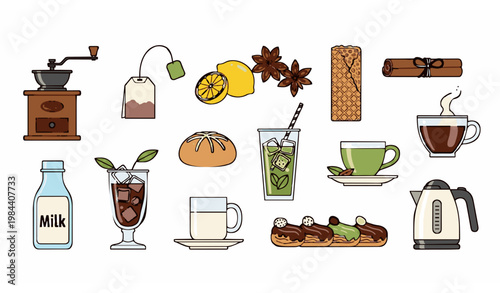 Minimal drinks and dessert collection with coffee tea spices pastry and cozy beverage vector icons