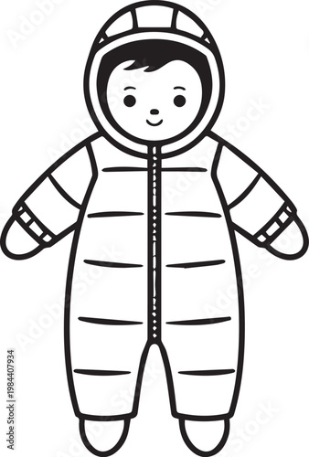 A charming line-art illustration depicts a cheerful young figure warmly clad in a cozy snowsuit, all prepared for a playful adventure in the snowy landscape.