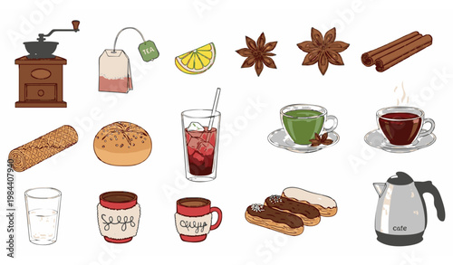 Cozy drinks and dessert vector set with coffee tea lemon spices eclair mug and kettle illustration
