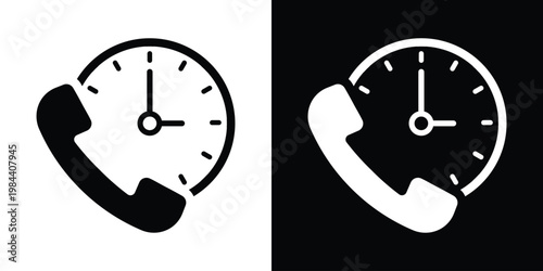 Vector icons of a telephone handset with a clock, symbolizing customer support hours, scheduled calls, and 24/7 service availability. Black and white versions.