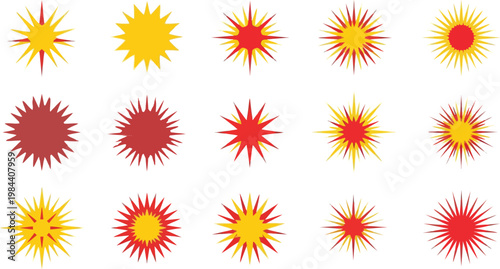 Assortment of Red and Yellow Starburst Shapes in Different Sizes Keywords: starburst, shape, red, yellow, graphic, design, abstract, explosion