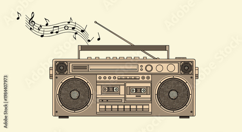 Detailed retro boombox cassette player with musical notes floating from the antenna on a vintage background for music and nostalgia themes.