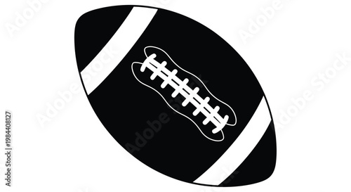 Black and white illustration of an american football with white stripes and laces