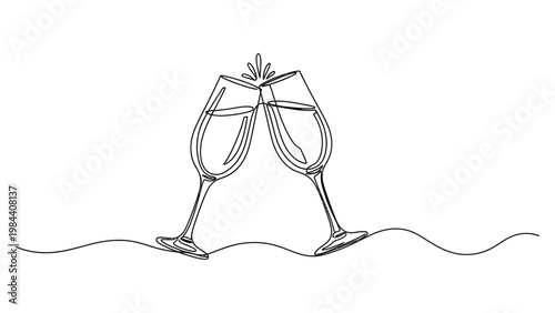 Two wine glasses with a bow. Continuous line style. Hand drawn. Line art. Vector design. illustration