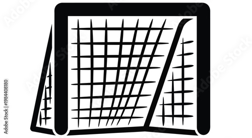 Black and white illustration of a soccer goal with netting viewed from a slight angle