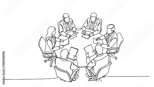 Continuous line drawing of business people in meeting. Continuous line style. Hand drawn. Line art. Vector design. illustration