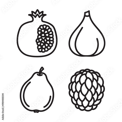 Exotic Fruit Bold Line Art icon set with Pomegranate Fig Guava Apple
