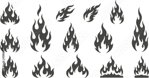 Collection of Stylized Fire Flame Icons in Dark Gray Vector Graphics Keywords: fire, flame, icon, symbol, heat, hot, energy, power, danger