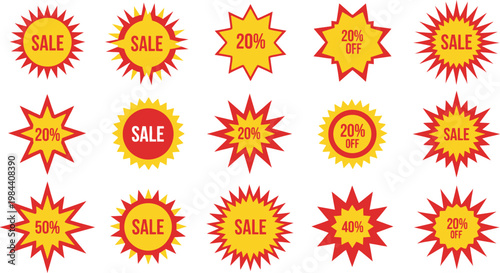 Collection of Starburst Sale and Discount Badges with Percentage Off Keywords: sale, discount, offer, promotion, badge, starburst, tag, label