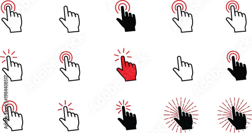 Cursor Hand Icons Set with Click Action and Ripple Effect vector illustration