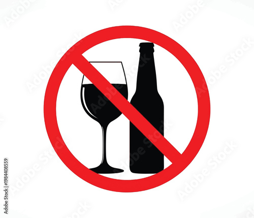 No alcohol warning sign vector illustration. Black silhouettes of a wine glass and bottle inside a red prohibition circle, representing alcohol-free zones and safety regulations.